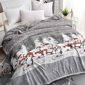 Великий флісовий плед 200х220 Новорічні пінгвіни (11194-3) Покривало з мікрофібри Велсофт