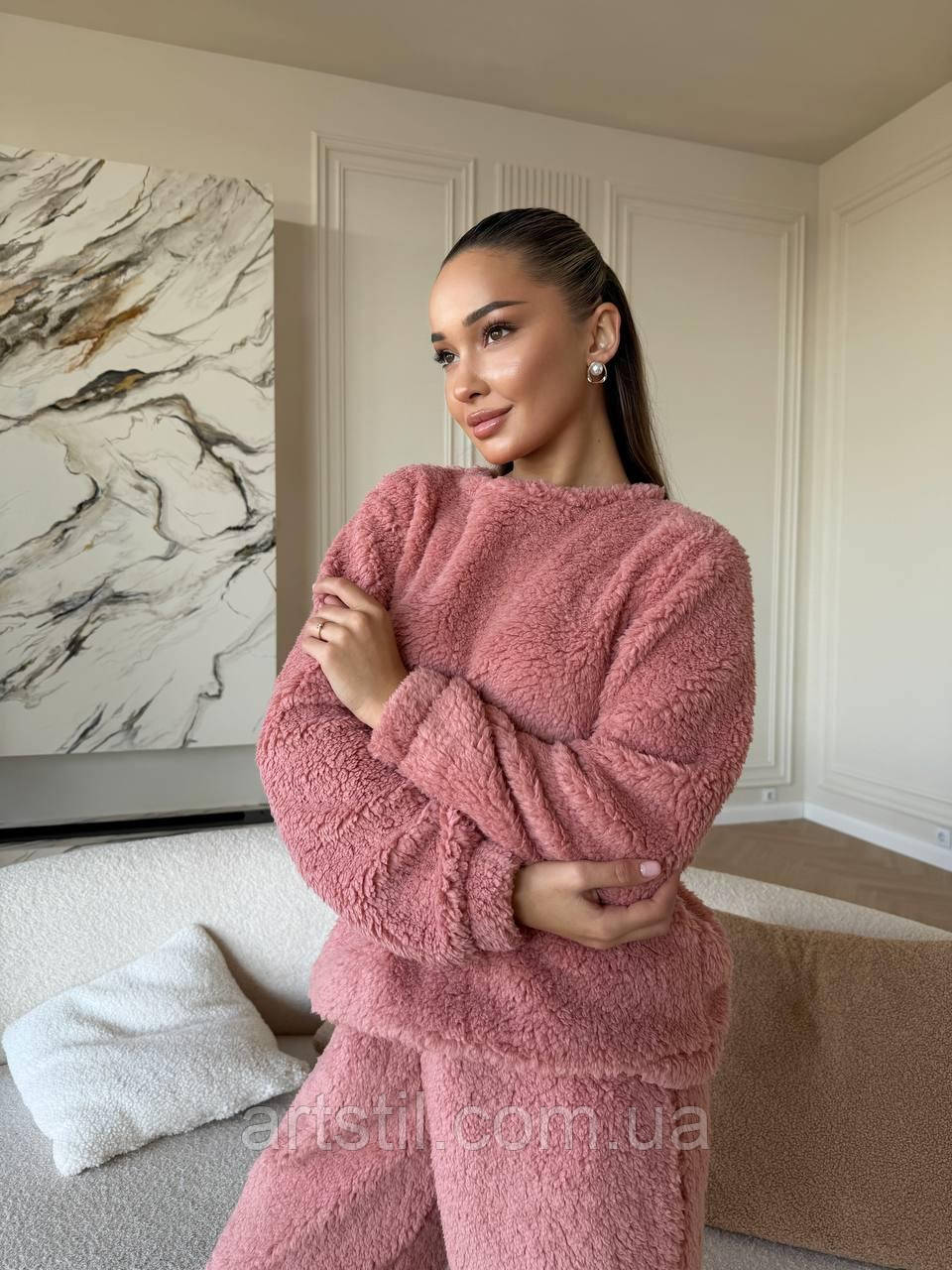 Тепла махрова піжама Тедді, пудрова жіноча тепла піжама, фото 1