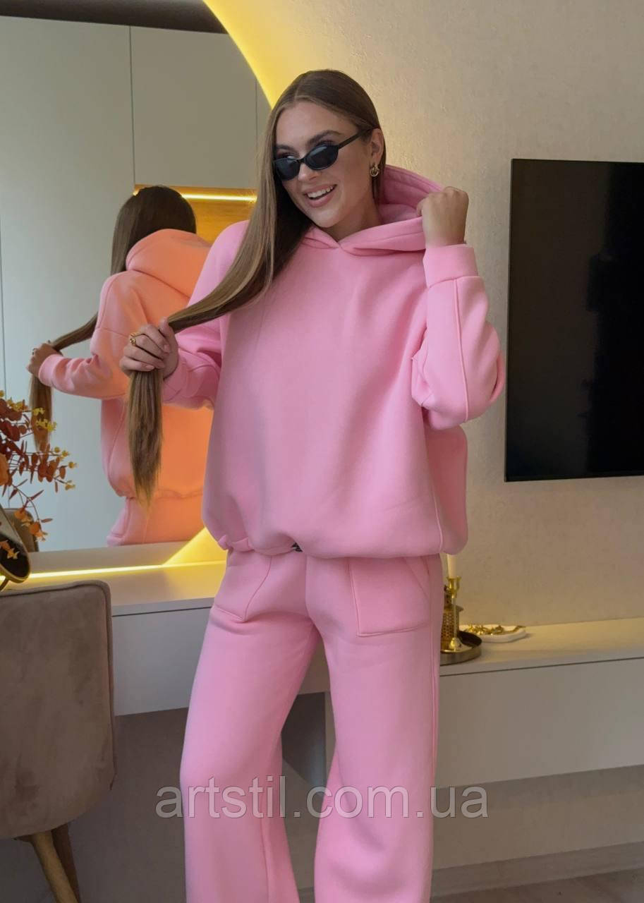 Рожевий жіночий спортивний костюм дуже теплмй. Об'ємне худі + Штани Палаццо/Джогери, фото 1
