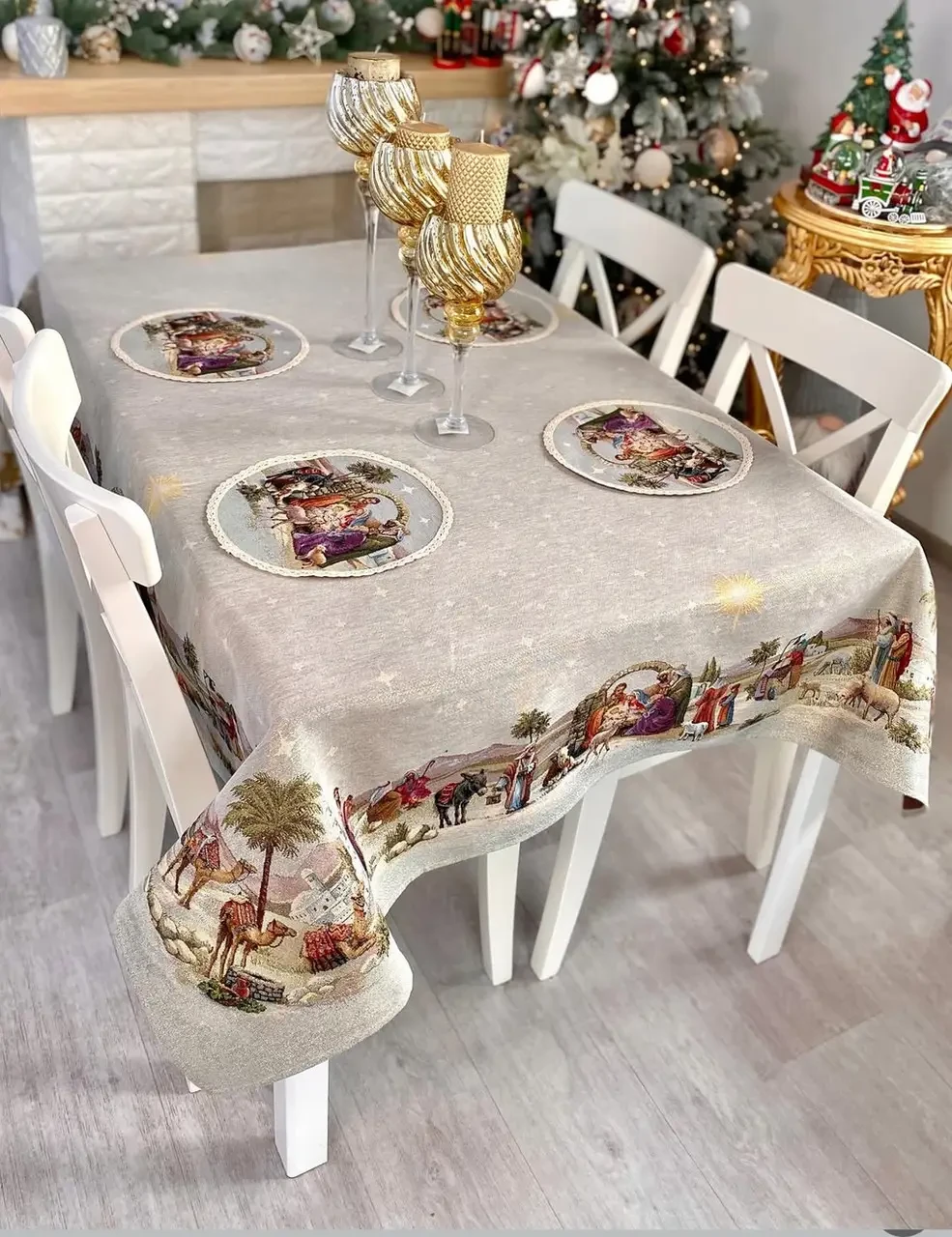 Скатертина Новорічна "Вифлеємське диво"137х180 см. гобеленова, золотий люрекс, фото 1