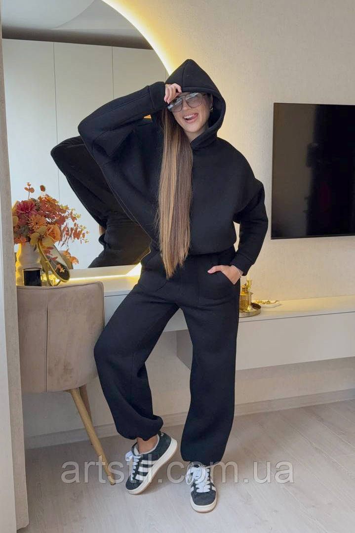 Чорний жіночий  спортивний костюм дуже теплмй. Об'ємне худі + Штани Палаццо/Джогери, фото 1