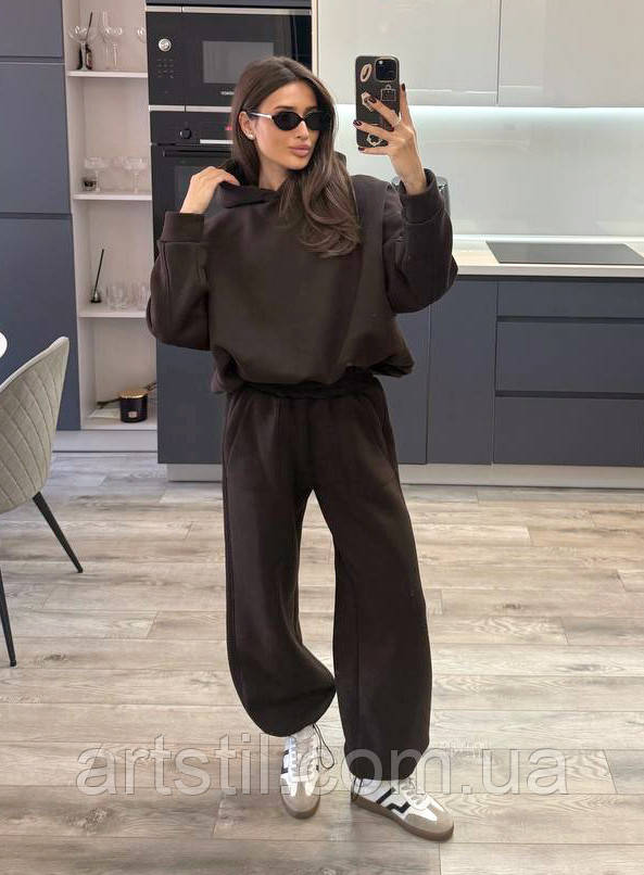 Жіночий теплий спортивний костюм, колір шоколад . Об'ємне худі + Штани Палаццо/Джогери, фото 1