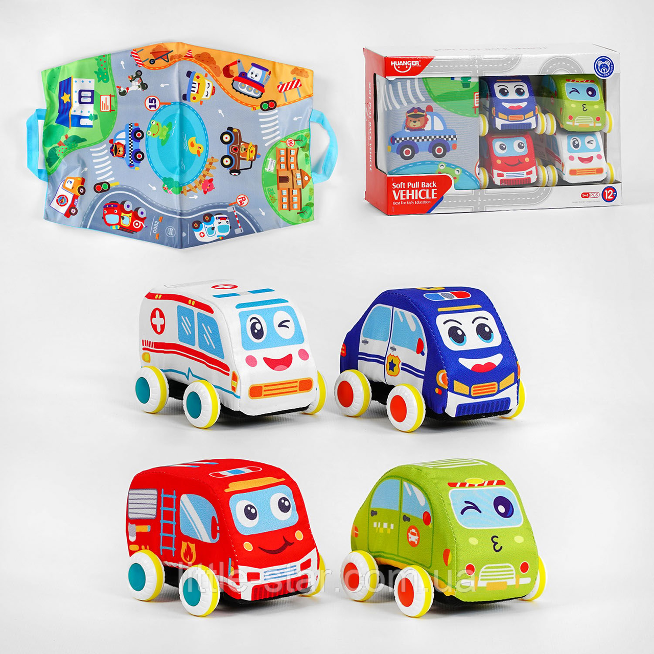 Набір дитячих музичних машинок з ігровим килимком сумкой, 4 машинки, звук, світло