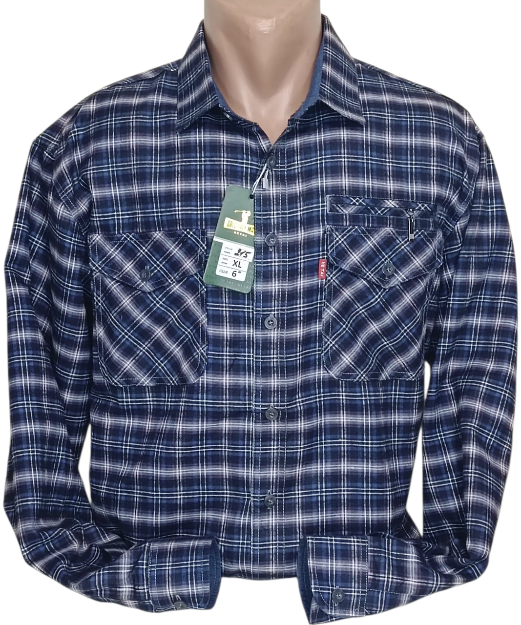 Тепла байкова чоловіча сорочка Hetai vd-0215 класична синя в клітку, байкові картаті чоловічі сорочки 3XL