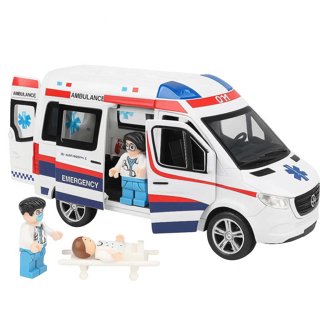 Машинка швидка допомога з фігурками медиків 2408C — звук, підсвітка, інерція, металопластик, фото 1