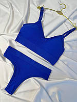 Комплект женского нижнего белья синий без косточек / Бесшовный комплект женского белья насыщенного синего цвета