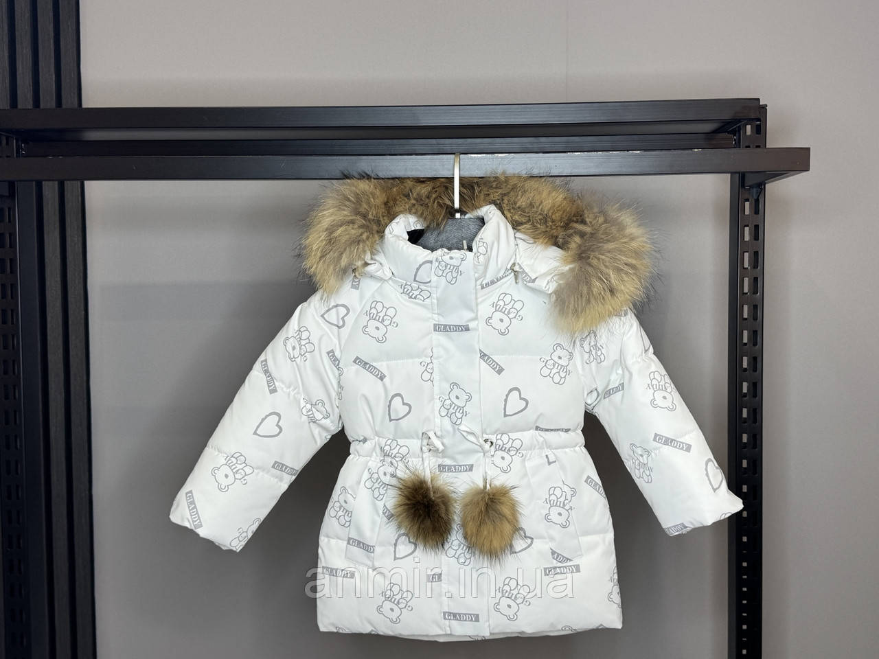 Зимова куртка з хутром принт МІШКИ дитяча для дівчинки 1-5 років, колір молочний, фото 1