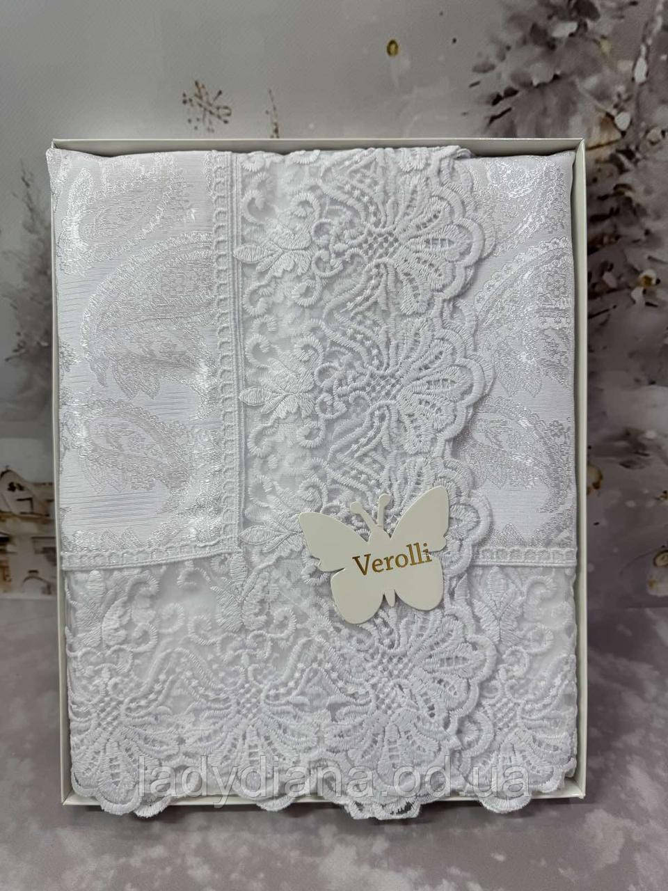 Скатертина прямокутна на обідній стіл 140*180 см тефлонова плямостійка з мереживом Туреччина Verolli, фото 1