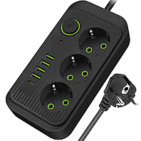 Мережевий фільтр 3 Розетки + 3 USB + 1 Type-C 2 Метра Чорний