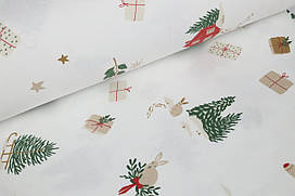 Фланель санчата, ялинки, олені, зайчики на білому, ширина 240 см