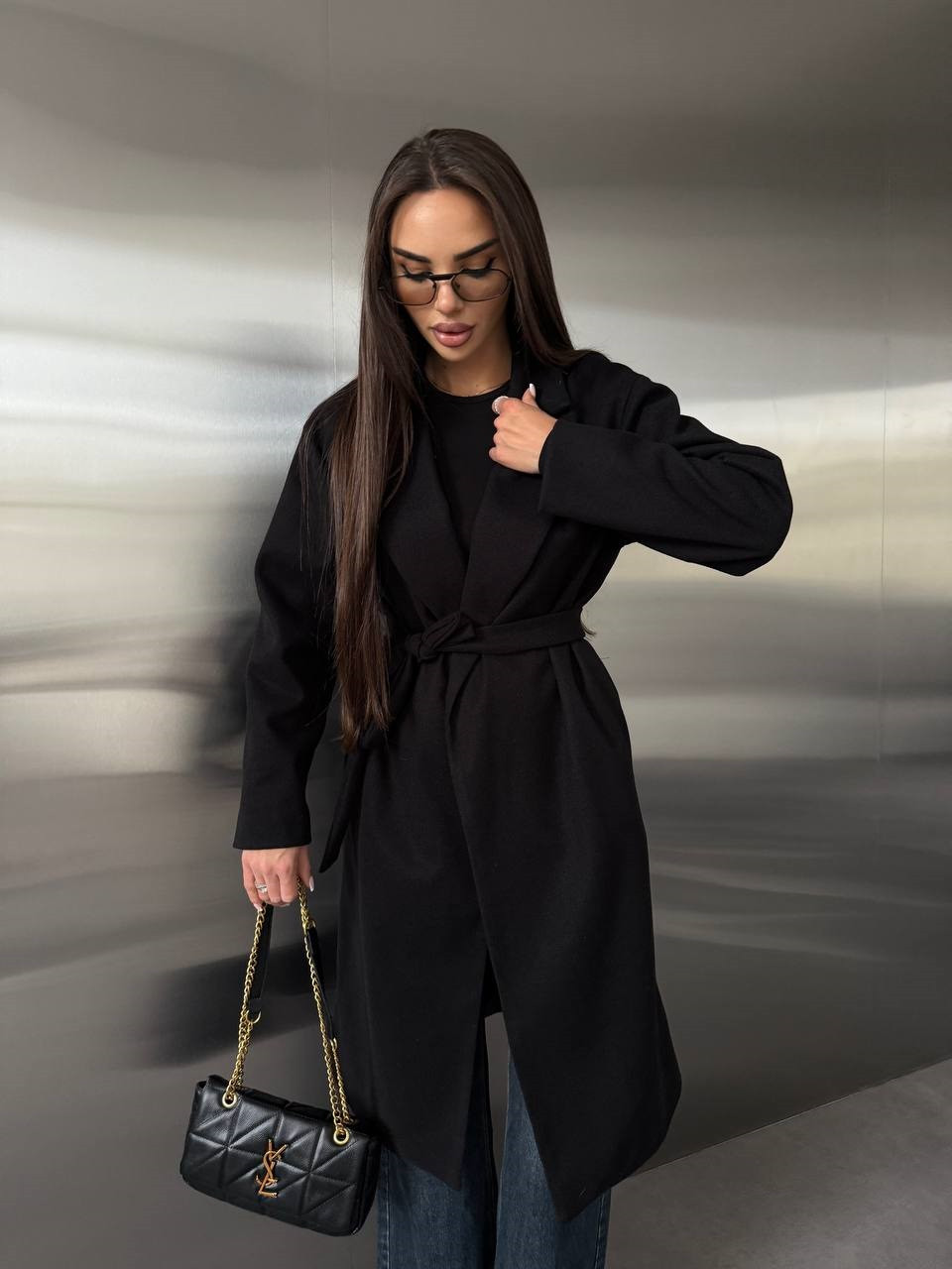 Жіноче кашемірове пальто з поясом на підкладці чорний 42-44, 46-48, фото 1