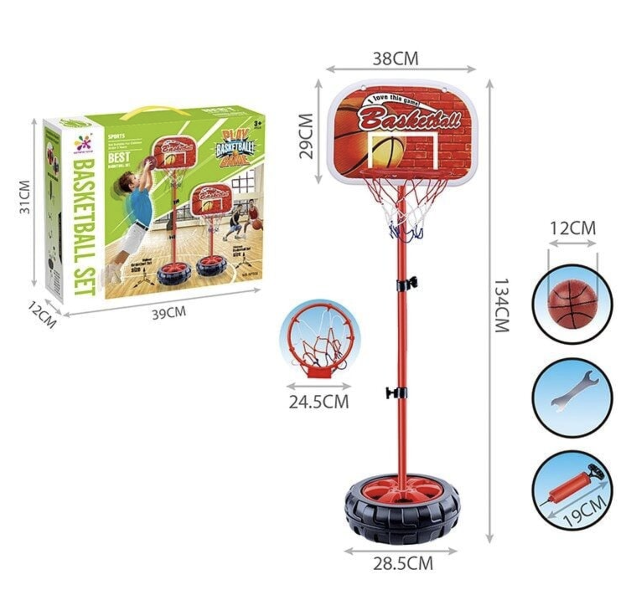 Дитячий баскетбольний набір WT 332-1 з регульованою металевою стійкою, м’ячем і насосом (134 см), фото 1