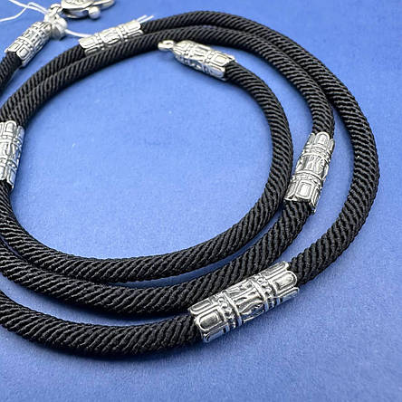 Шовковий шнурок з срібними вставками з срібною застібкою Срібло 925 проби чорнене, фото 1