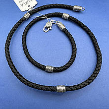 Чорний шовковий шнурок із срібними вставками на шию срібло 925 проба