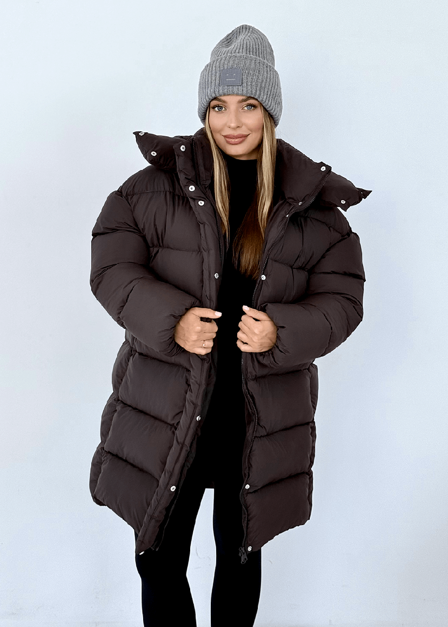 Жіночий подовжений пуховик Максі шоколадного кольору