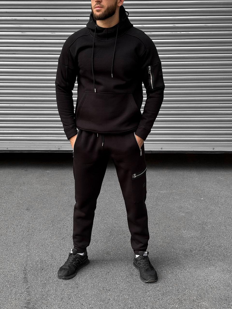 Чоловічий спортивний костюм на флісі зимовий турецька тринитка худі +штани чорний, фото 1