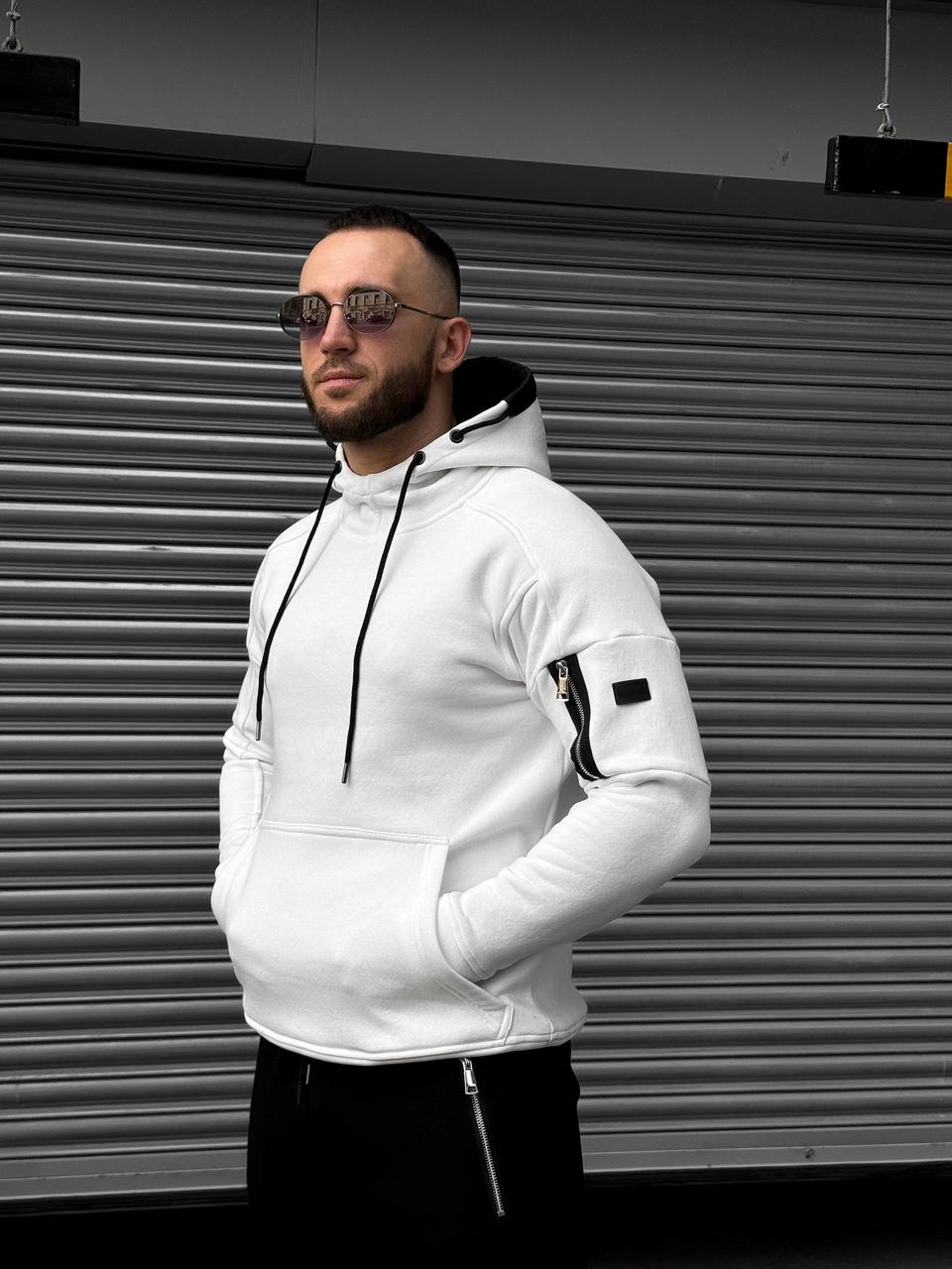 Чоловічий спортивний костюм на флісі зимовий турецька тринитка худі молочний+штаничорнийй