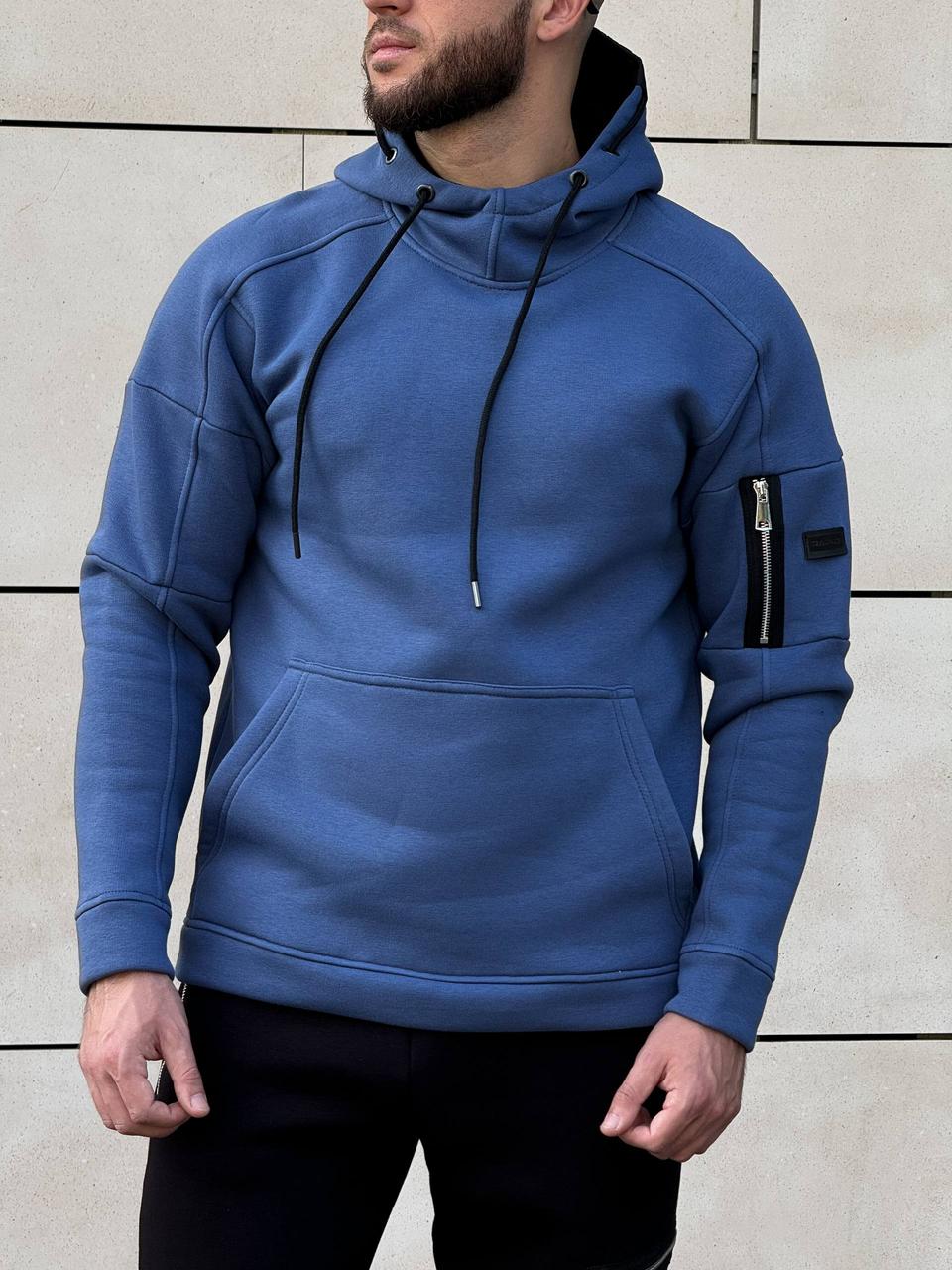 Чоловічий спортивний костюм на флісі зимовий турецька тринитка худі індиго+штани чорнийй