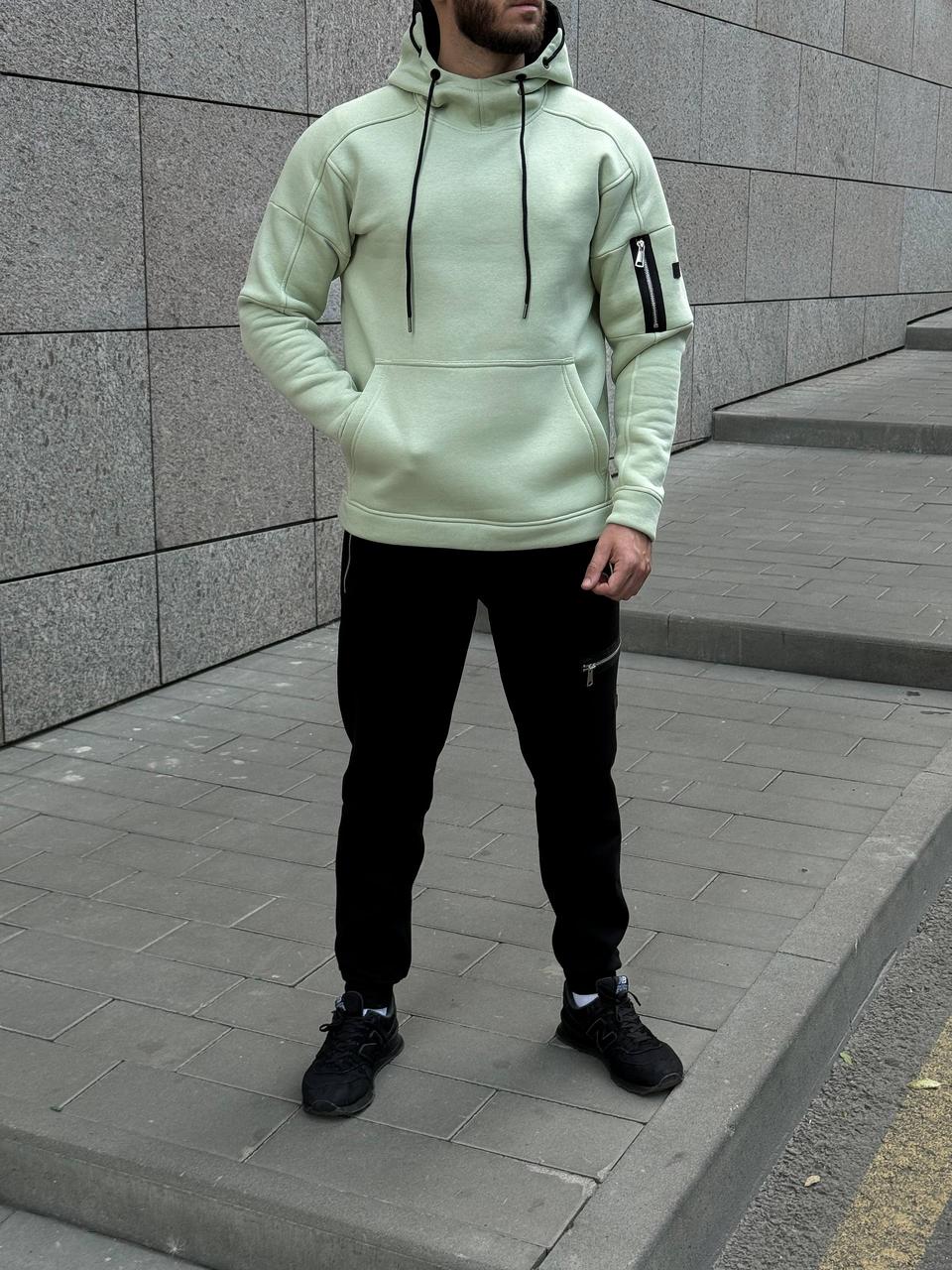 Чоловічий спортивний костюм на флісі зимовий турецька тринитка худі м'ята +штани чорнийй