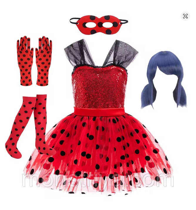 🐞 Костюм Леді Баг для дівчинки | Карнавальне вбрання з перукою та маскою на зріст 110-120 см