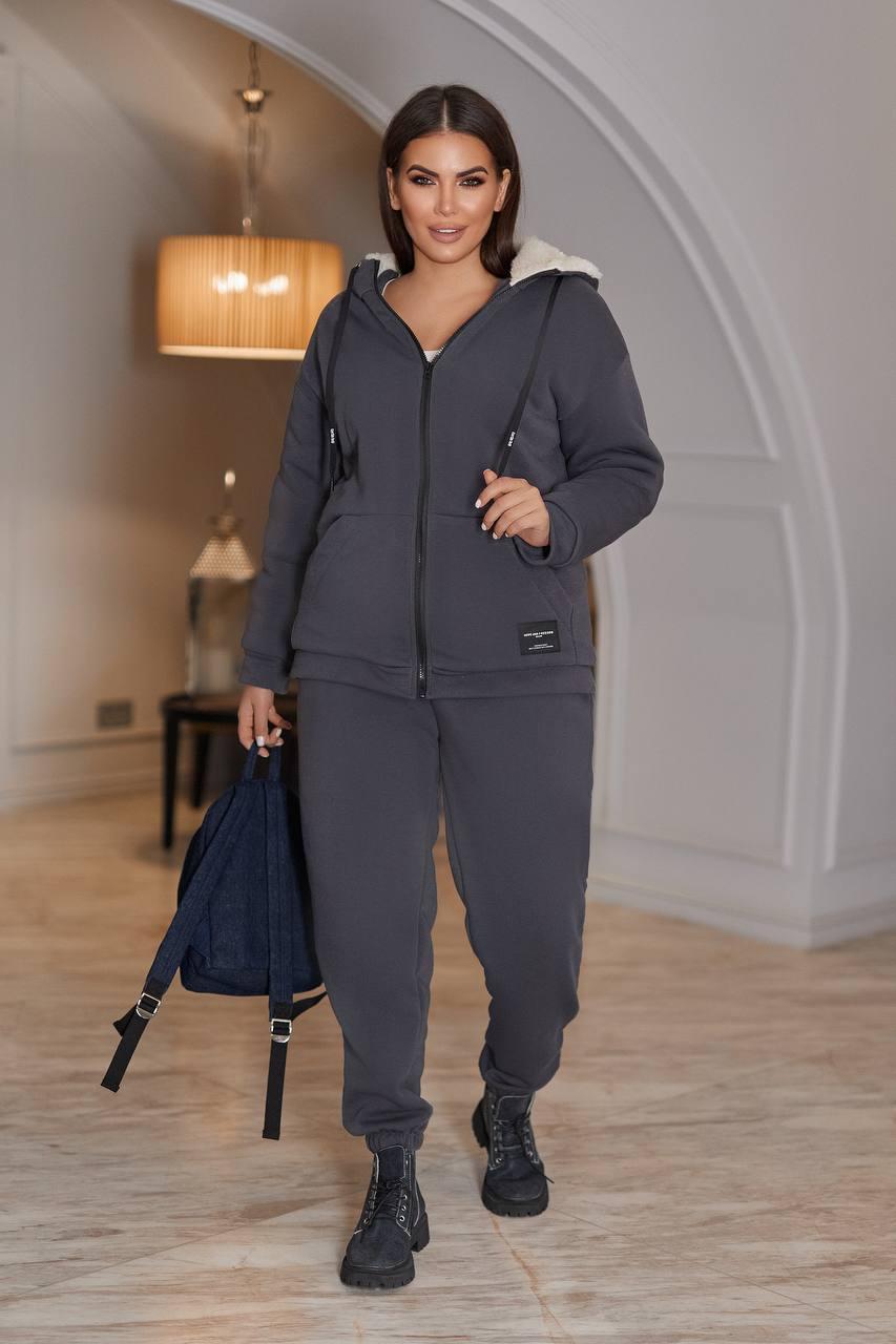 Жіночий теплий спортивний костюм великого розіру батал 48-58 куртка на хутрі овчині з капюшоном, фото 1