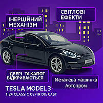 Металева машинка Автопром Tesla Model 3 1:24 чорна — світло, звук, відкривні двері, арт. AP7728-2, фото 6