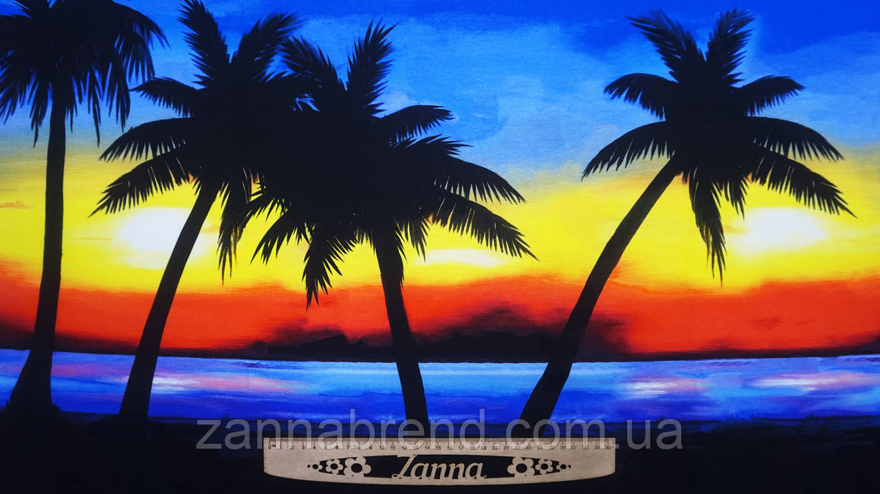 Стрейч-кулір колір чорно-жовто-блакитний Купон 86 × 178 см "Тропічний захід" (Брак! - Зустрічаються плями розмазаної фарби), фото 1