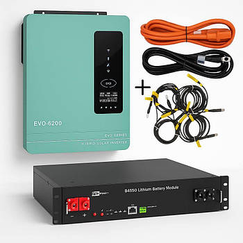 Комплект: Гібридний інвертор Anern 6.2 кВт + 2.4 кВт акумулятор Dyness B4850, 50А + набір кабелі, для дому, офісу