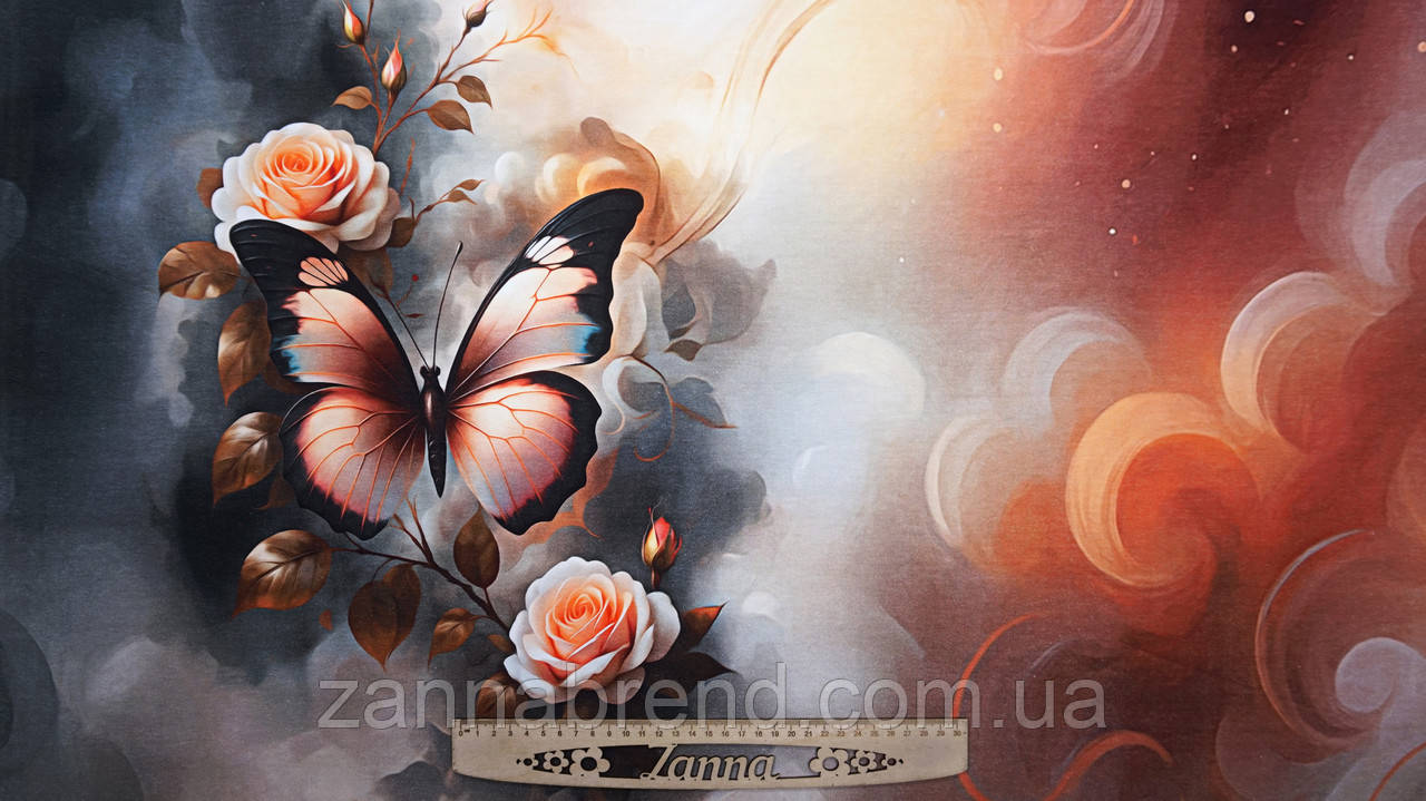 Стрейч-кулір колір сіро-персиковий Купон 87 × 178 см "Димчасті троянди" (Туреччина), фото 1