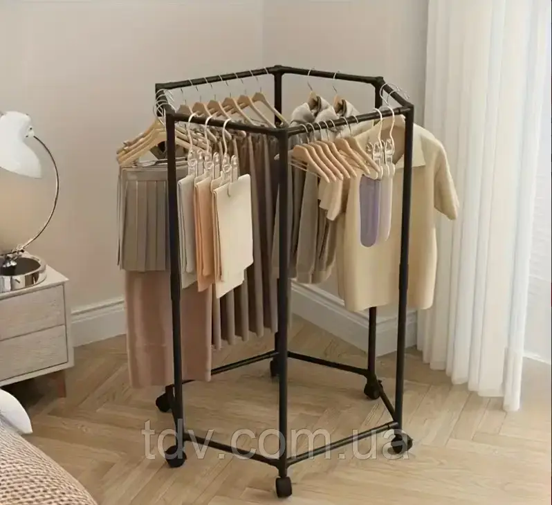 Підлогова вішалка для одягу, з поворотним механізмом 360°, на колесах, фото 1
