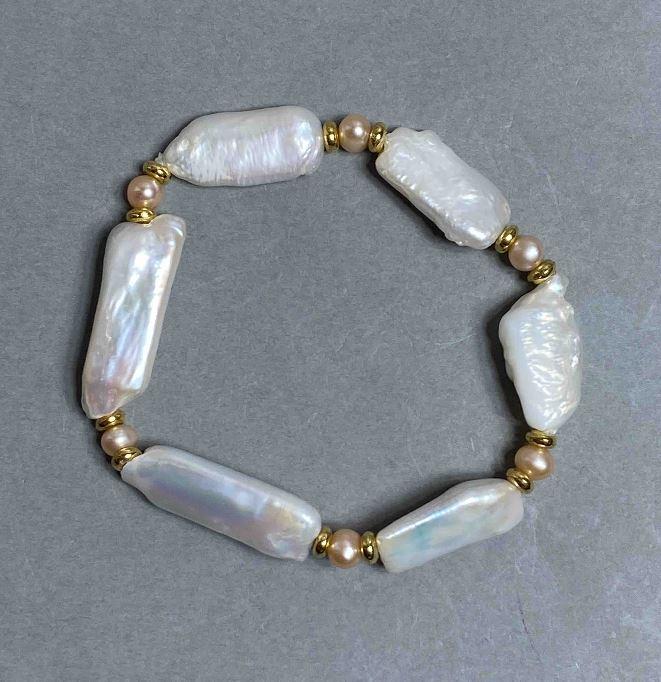 Браслет річкові Перли d-6х5мм+- барочні Перли 22-31х11мм+- L- 18см стрейч, фото 1