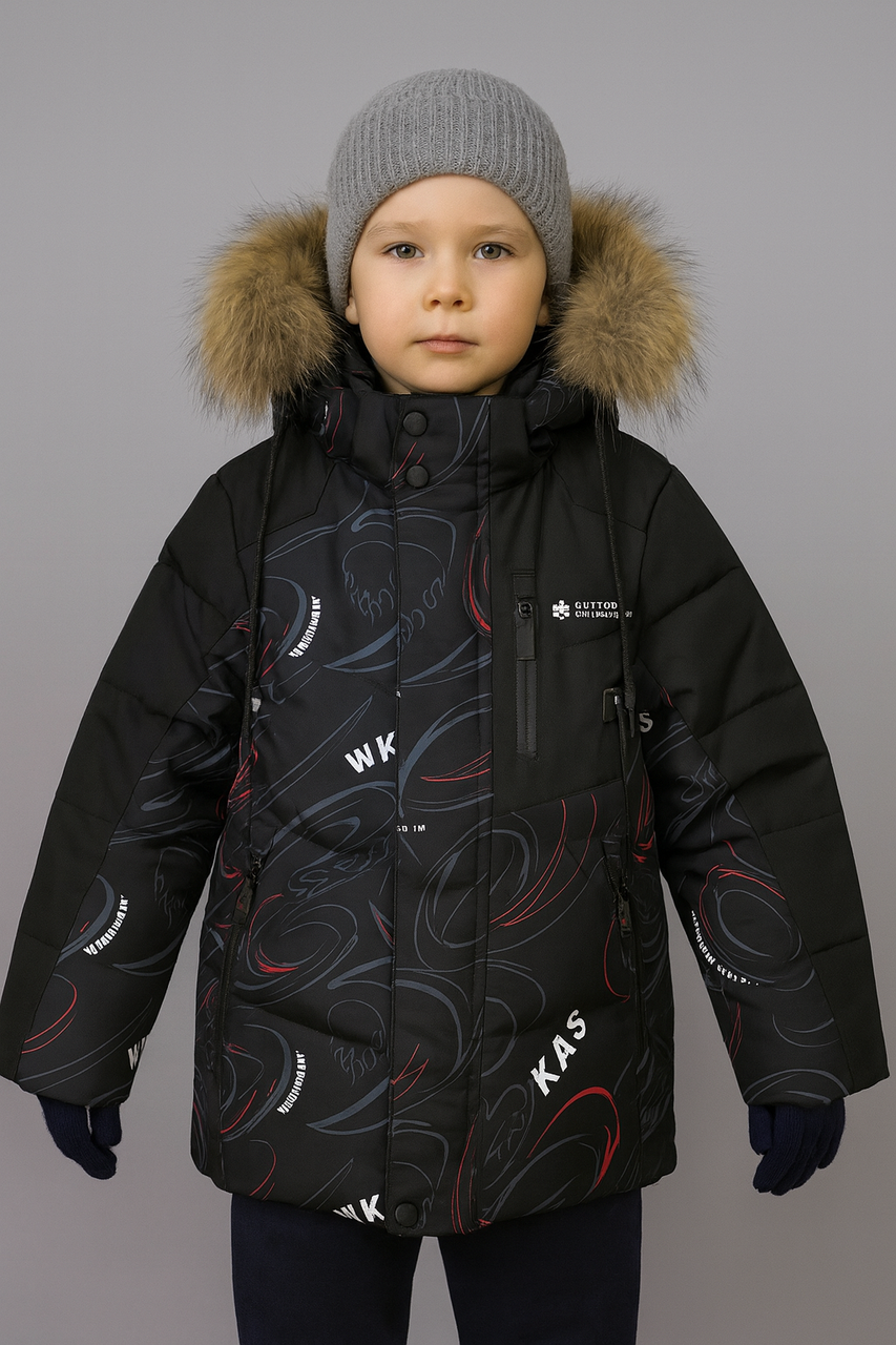 Куртка WKAS зимова дитяча з натуральним хутром, флісова підкладка, холофайбер,Чорний з червоним, 122, фото 1