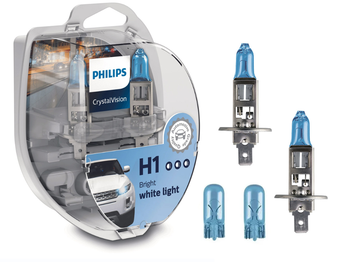 Комплект галогенових ламп PHILIPS 12258CVSM H1 55W 12V P14,5s Crystal Vision + W5W, фото 1