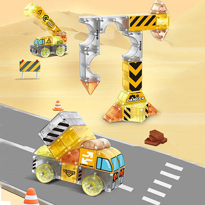 Дитячий магнітний набір Конструктор Будівельник для гри в архітектора 74 деталі Збери спецтехніку машинки кран будиночок