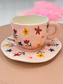 Чашка з блюдцем 300мл "Квіткова рожева" ручна робота