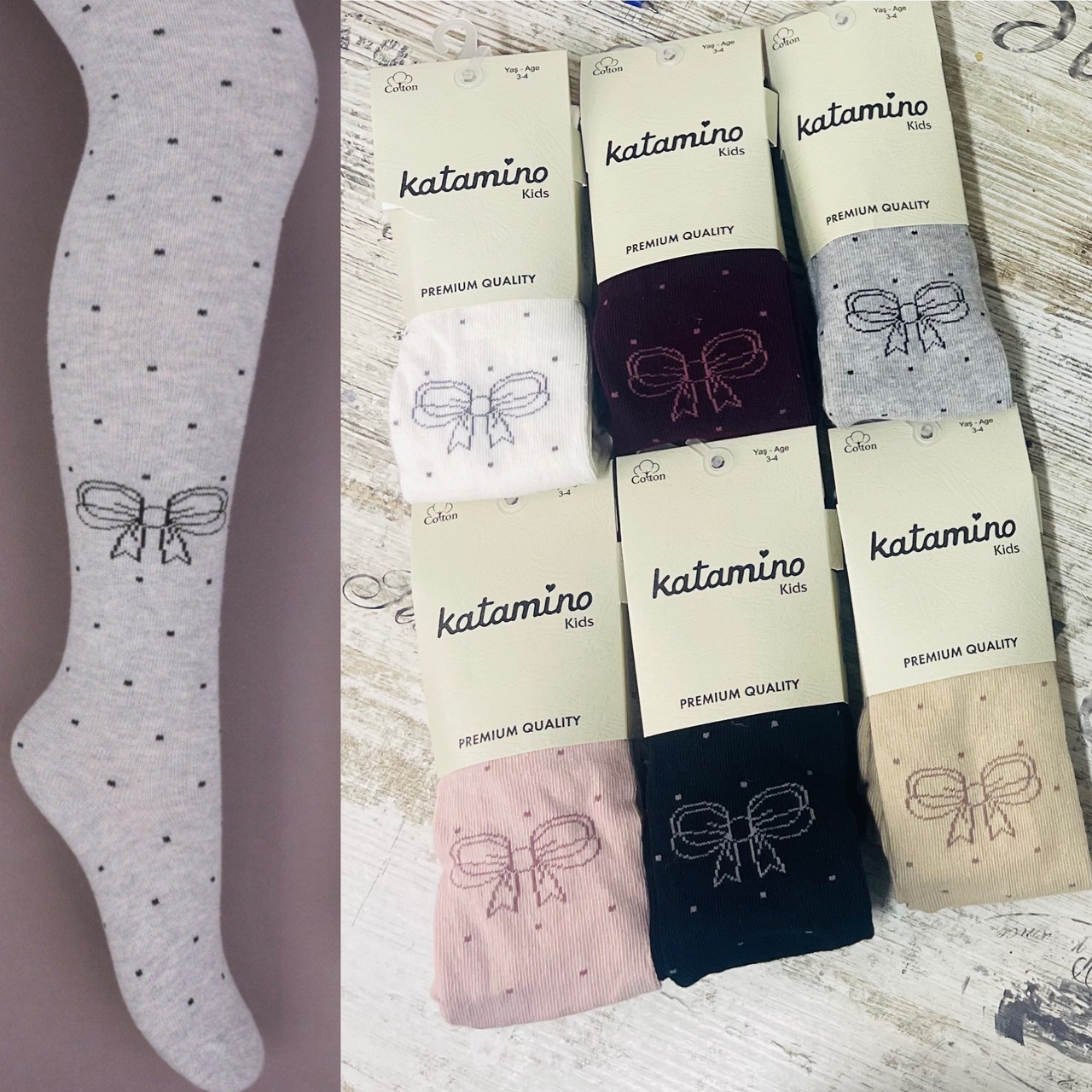 Бавовняні колготки для дівчаток у горошок із принтом Бантик, фото 1