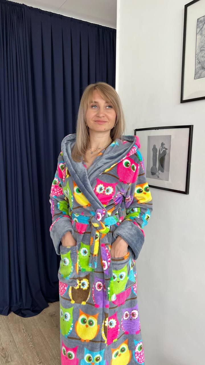 Яскравий теплий довгий халат з поясом та капюшоном Сови, фото 1