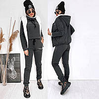 Стильний трикотажний теплий жіночий костюм-трійка: штани + худі +жилетка на хутрі р.42-48. Арт-3304/14