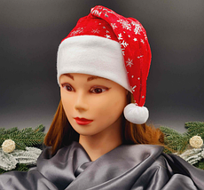 Новорічний ковпак із сніжинками, червона шапка Санта Клауса з хутром і помпоном, святковий аксесуар, фото 4