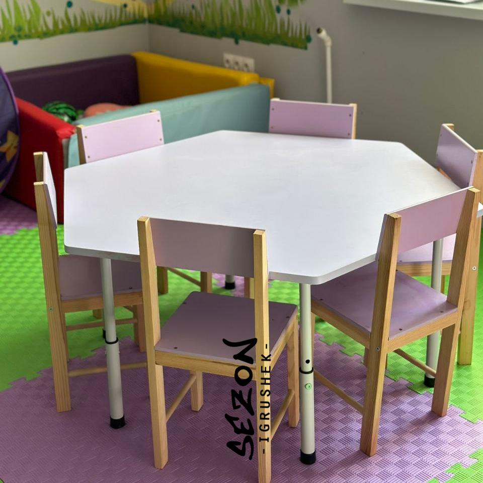 Дитячий шестимісний стіл із регулюванням висоти 1180х1020 мм зі стільцями 6 шт ST-014-1, фото 1