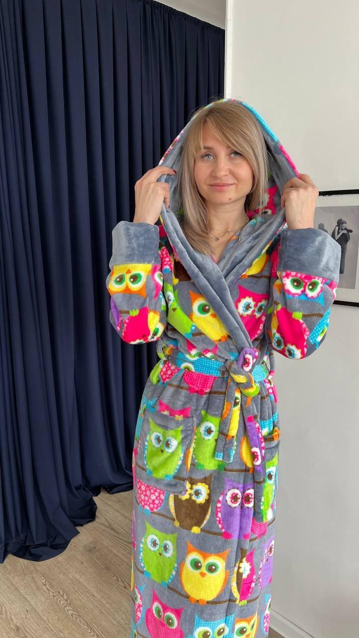 Яскравий теплий довгий халат з поясом та капюшоном Сови, фото 1