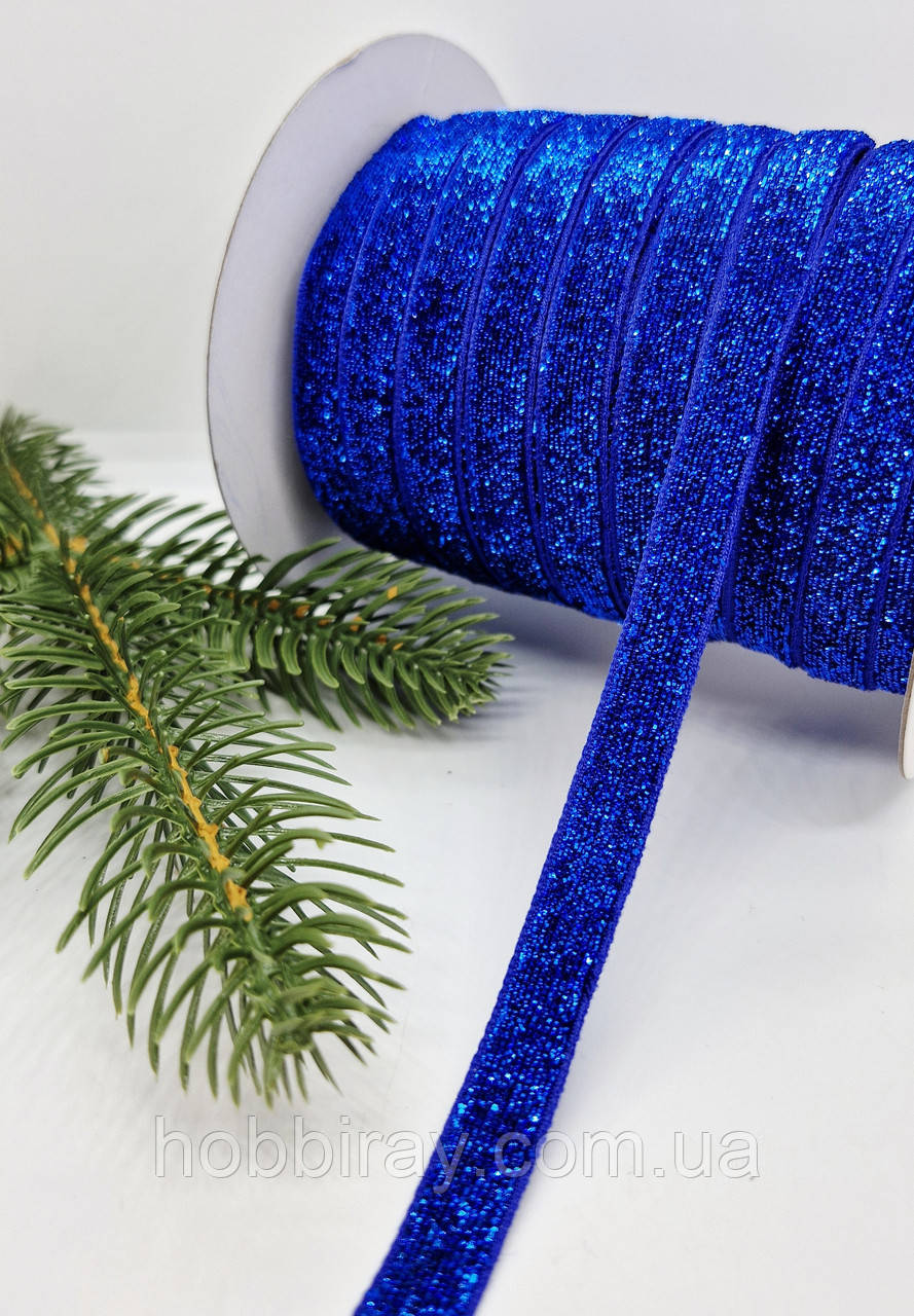 Оксамитова стрічка з люрексом. 1см. 1м. Колір синій., фото 1