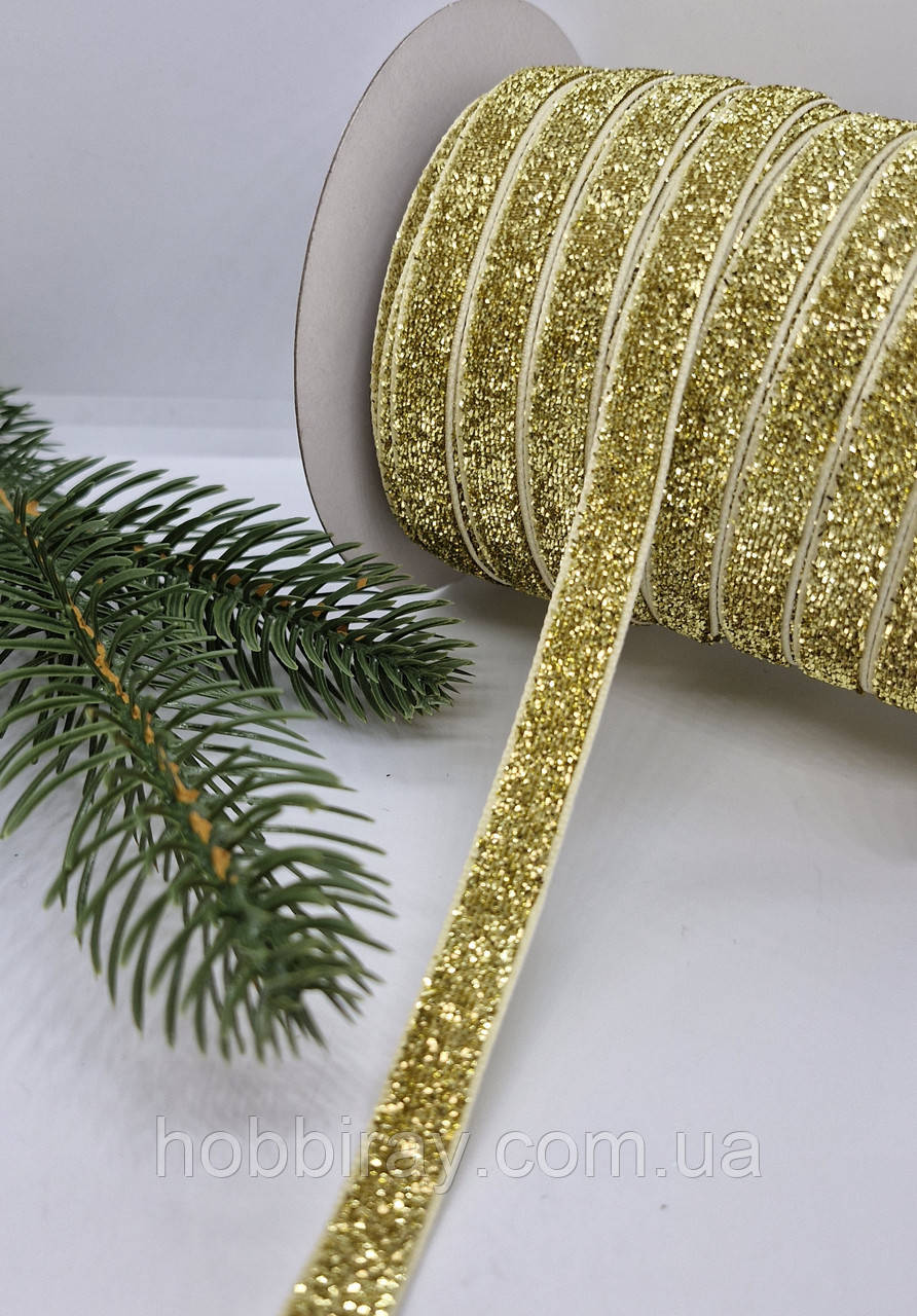 Оксамитова стрічка з люрексом. 1см. 1м. Колір золото., фото 1