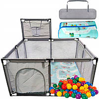 Манеж дитячий DAZA KIDS 126 × 126 см сірий + килимок + сумка + 30 кульок