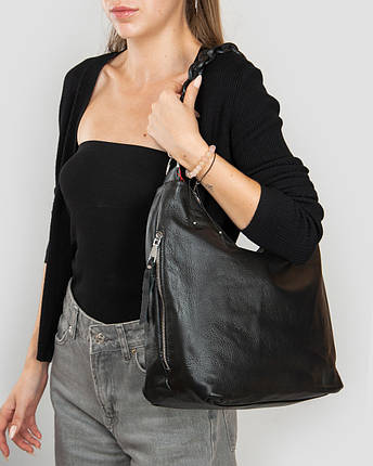 Сумка мішок на дві змійки класична жіноча шкіряна чорна на плече на два відділи на змійках зверху Alex Rai 8087-9, фото 1