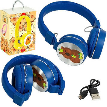 Навушники «Капібара» з LED-підсвічуванням бездротові накладні великі блютуз з мікрофоном FM/TF для музики, ПК і дзвінків, сині