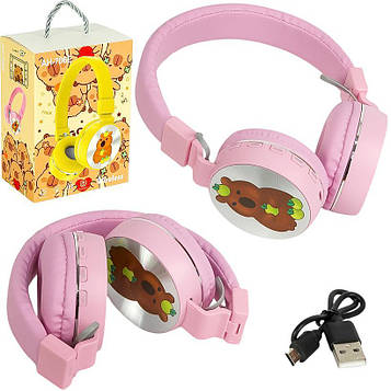 Навушники «Капібара» з LED-підсвічуванням бездротові накладні великі блютуз з мікрофоном FM/TF для музики, ПК і дзвінків, рожеві