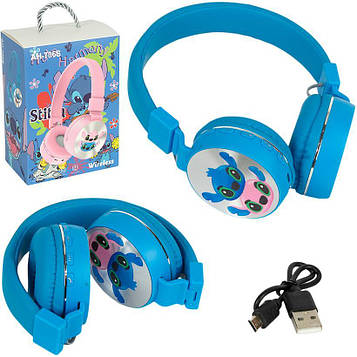 Навушники «Ліло і Стіч» з LED-підсвічуванням бездротові накладні великі блютуз з мікрофоном FM/TF для музики, ПК і дзвінків, сині