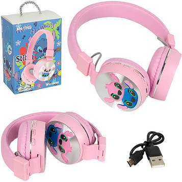 Навушники «Стіч» з LED-підсвічуванням бездротові накладні великі блютуз з мікрофоном FM/TF для музики, ПК і дзвінків, рожеві