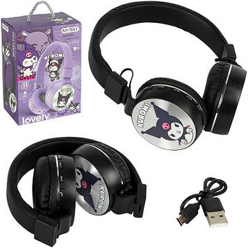 Навушники «Kuromi» з LED-підсвічуванням бездротові накладні великі блютуз з мікрофоном FM/TF для музики, ПК і дзвінків, чорні